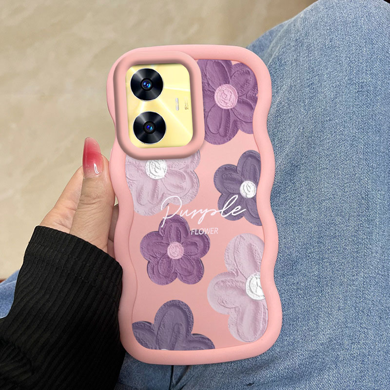 Realme Note 50 - เคส Realme C55 ลายดอกไม้สีชมพูและสีม่วง ผลิตจากวัสดุยืดหยุ่น ดีไซน์หรูหรา