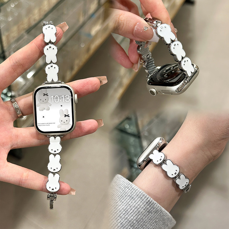 Apple Smartwatch Accessories - สายนาฬิกาหนังลายกระต่ายมิฟฟี่สำหรับแอปเปิ้ลวอทช์ S11/10/9/Se/อัลตร้า ซีรีส์สายรัดผู้หญิงน่ารัก