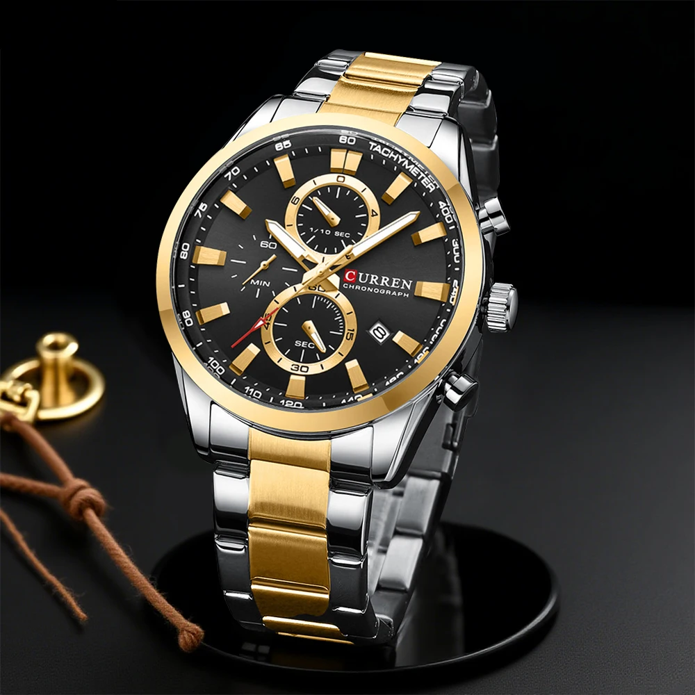 Accessories With Watch - CURREN ลำลองควอตซ์โครโนสปอร์ตนาฬิกาแบรนด์สำหรับผู้ชายสร้อยข้อมือสแตนเลสมัลติฟังก์ชั่นหน้าปัด 2023 นาฬิกาข้อมือวันที่