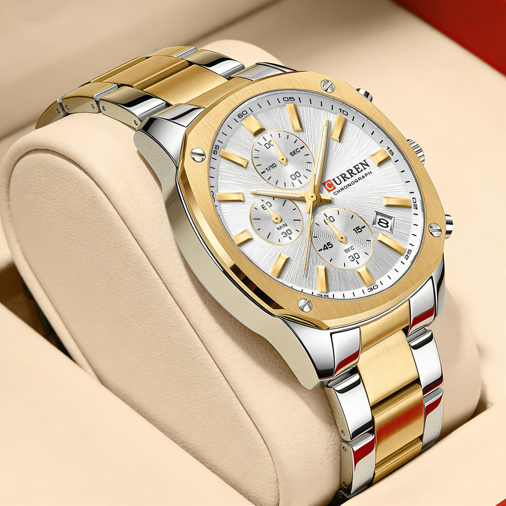 Accessories With Watch - CURREN นาฬิกาสปอร์ตสำหรับผู้ชายสมัยใหม่ขนาด 42 มม. - สายสแตนเลสโครโนกราฟและวันที่,