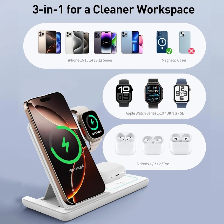 3 ใน 1 พับได้ไฟ LED กลางคืนแท่ - Wireless Charger Watch บทวิจารณ์และราคา